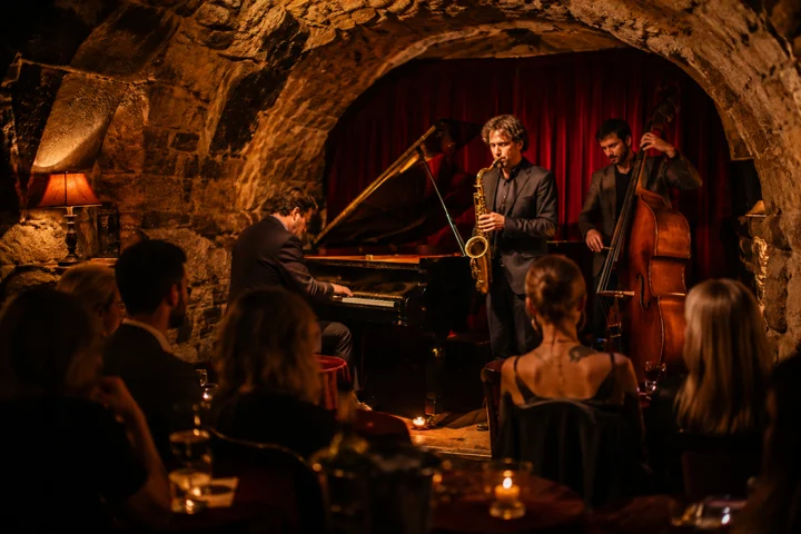 Live jazz in an intimate, candlelit club.