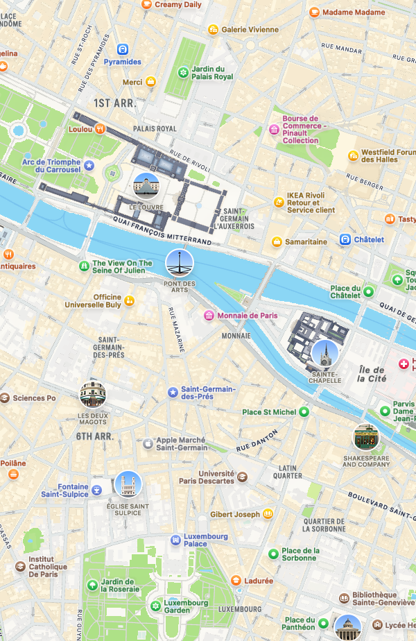 Apple Maps view of central Paris with saved places and evening plans.