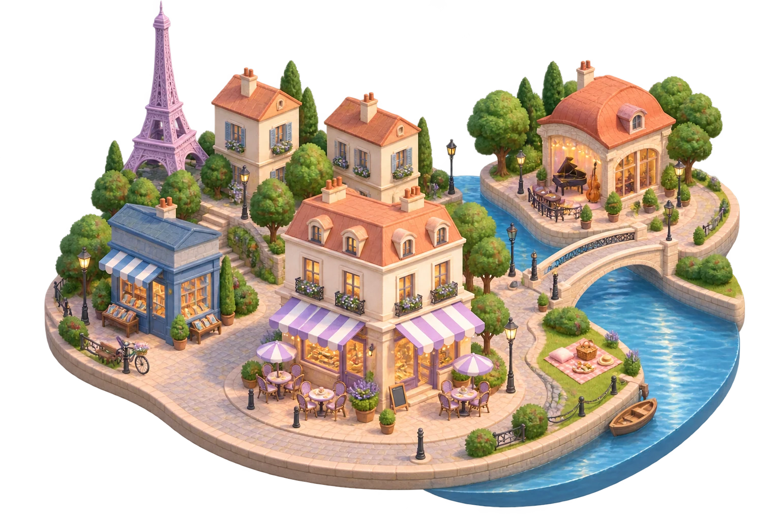 A miniature Paris neighborhood with a café, bookshop, and a jazz venue connected by a riverside path.