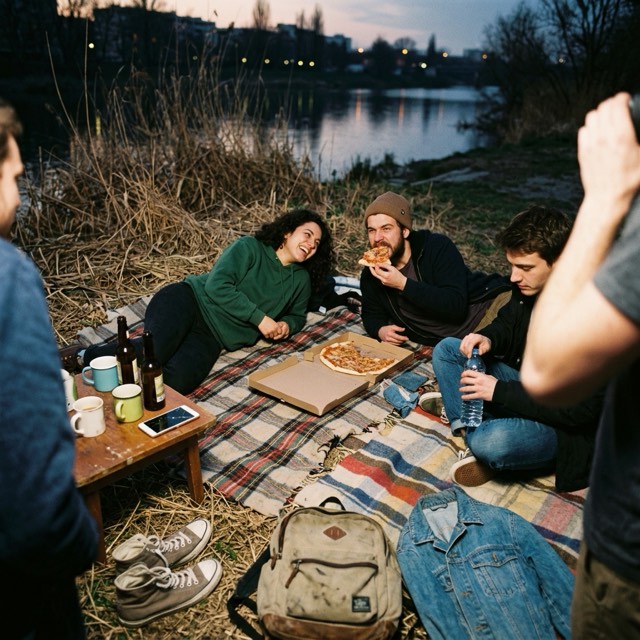 Friends sharing a picnic beside the river.