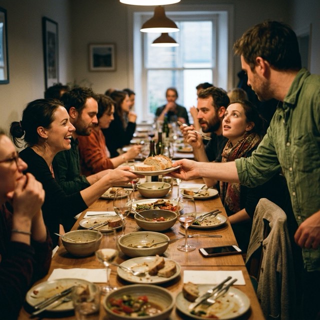 Friends gathering around a restaurant table